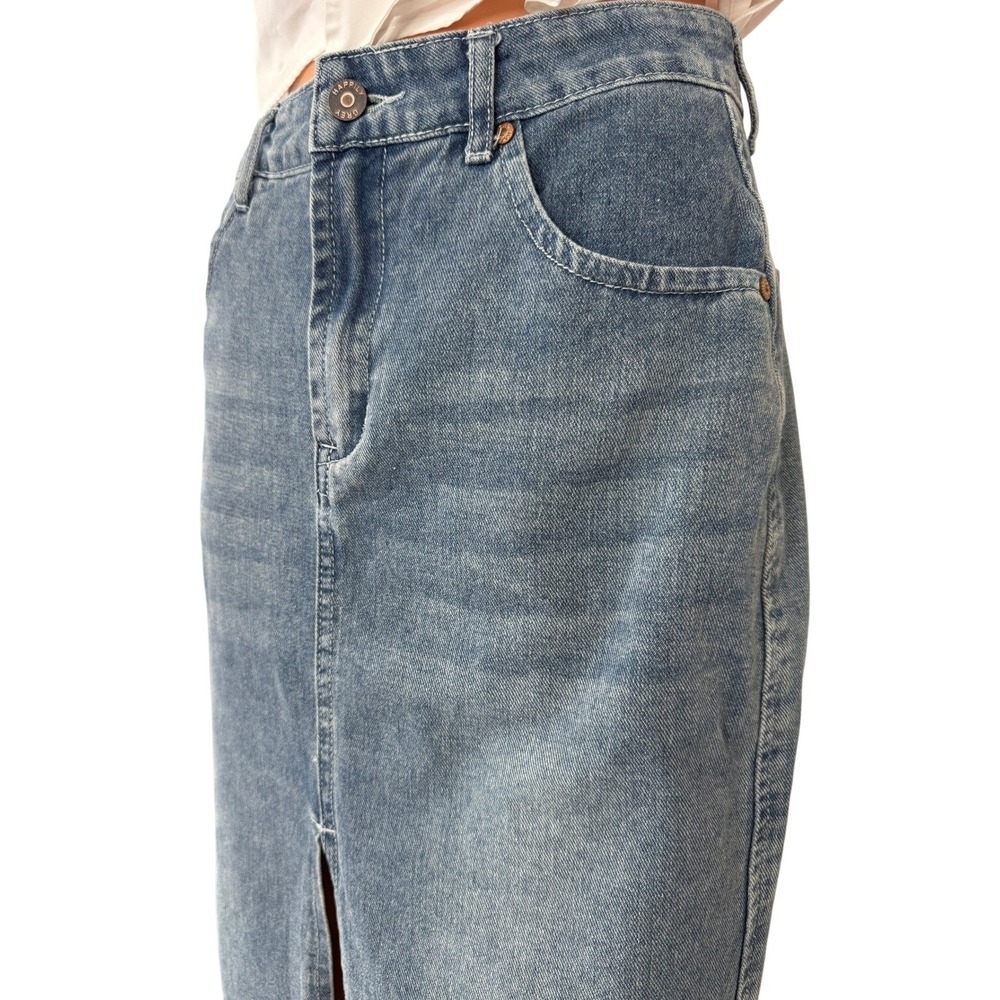 HappilyGrey High RiseDenim Maxi Skirt Medium Wash Front Slit Frayed HemSize 1/24 - Picture 5 of 15